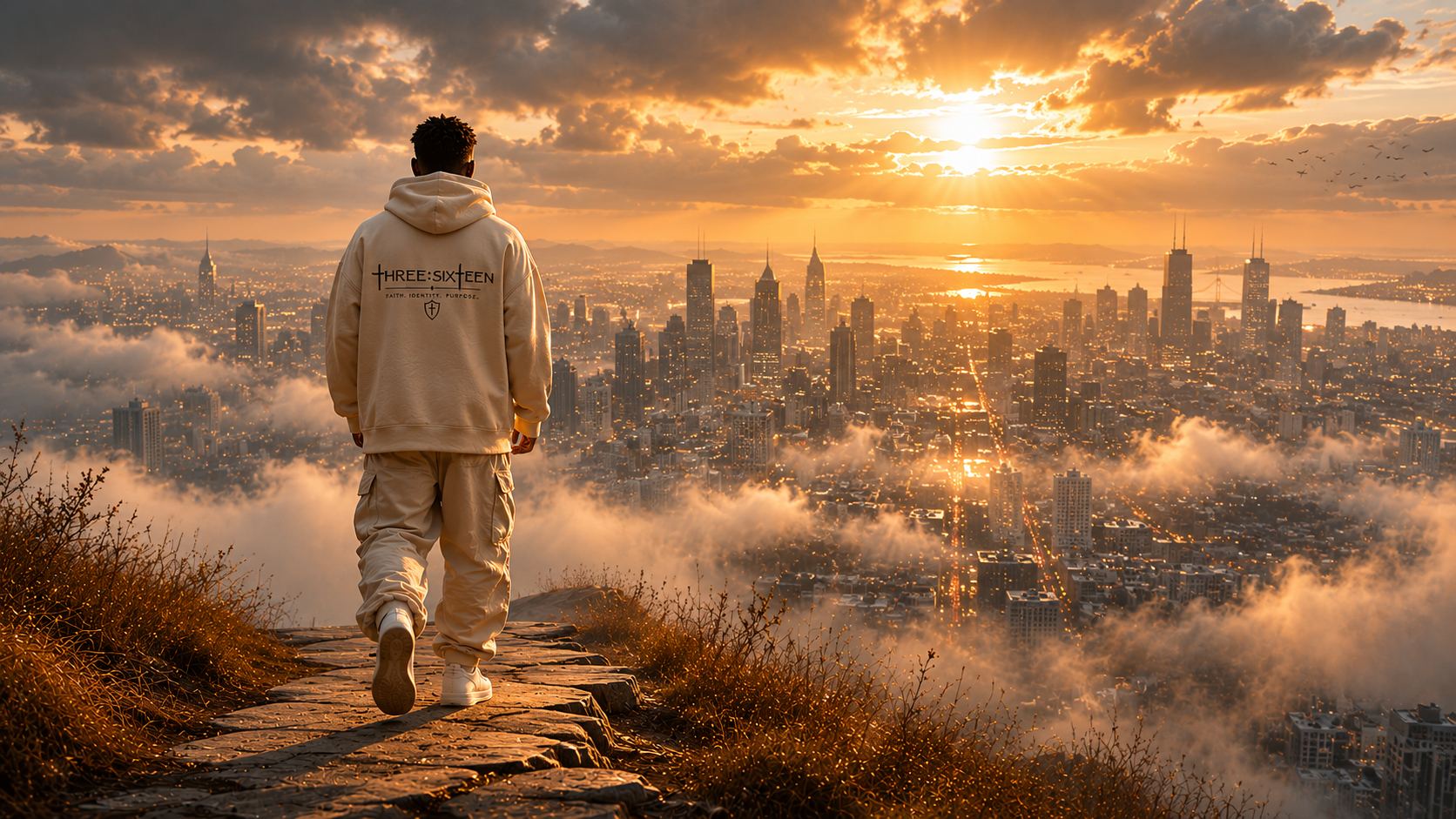 A lone believer wearing a cream THREE:SIXTEEN oversized hoodie walks toward a fog-covered city at sunrise. Golden light breaks through the clouds as the vast city stretches into the distance, symbolizing the call to go into the world and make disciples of all nations from Matthew 28:19.