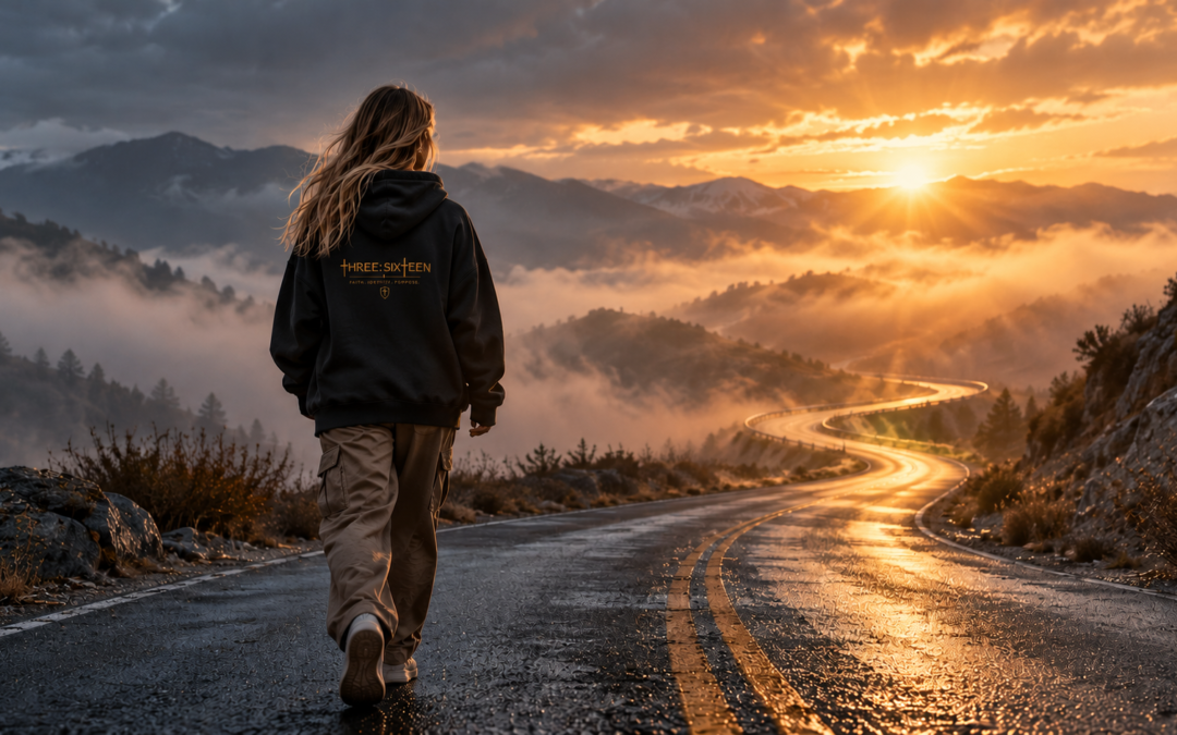 A person in an oversized dark hoodie walks alone along a fog-covered mountain road toward warm sunrise light, symbolizing courage, obedience, and trusting that God goes before us.
