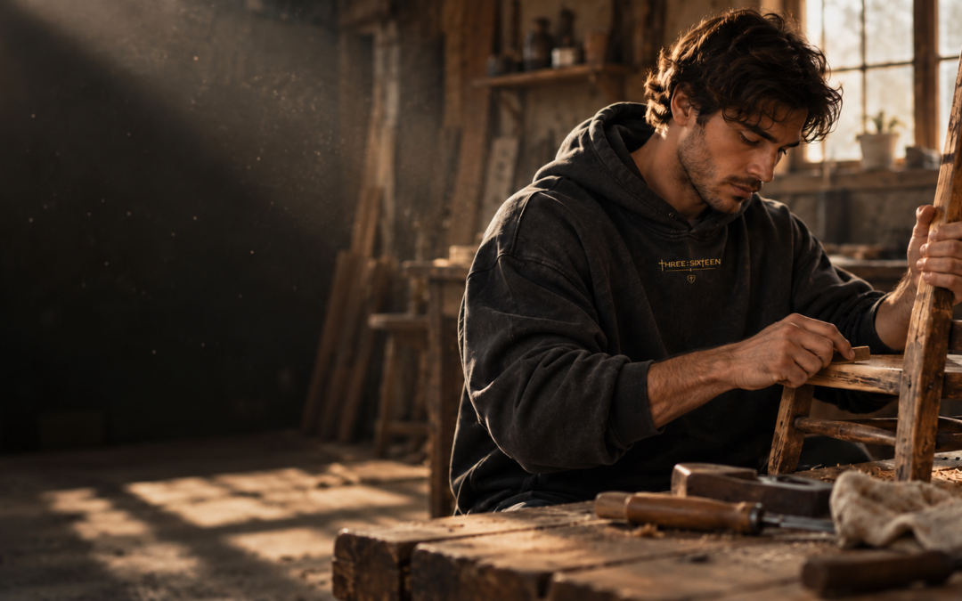 A young man wearing a dark oversized hoodie carefully repairs a wooden chair in a quiet workshop as early morning sunlight illuminates his hands, symbolizing faithfulness in ordinary assignments.
