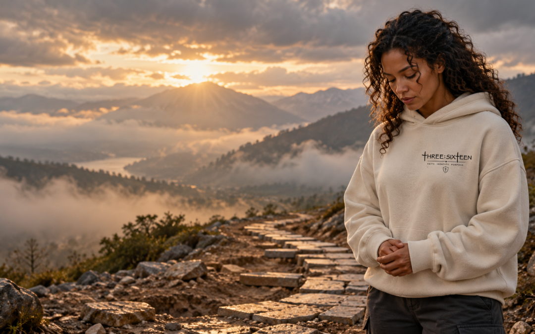 A man in an oversized sand-colored hoodie pauses in prayer at the beginning of an unfinished wilderness path as morning light breaks through the clouds, symbolizing surrendering our plans to God before moving forward.