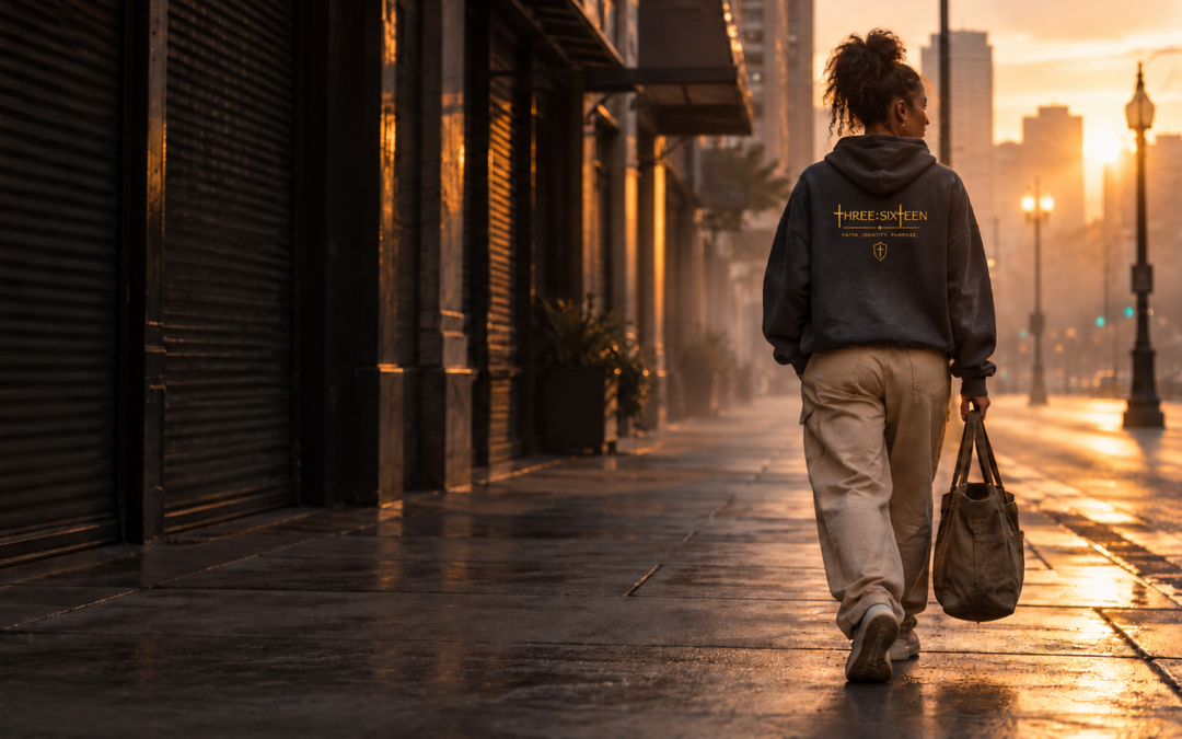 A person wearing an oversized charcoal hoodie walks along a quiet, fog-covered city street at sunrise, carrying a work bag, symbolizing faithful obedience in everyday responsibilities.