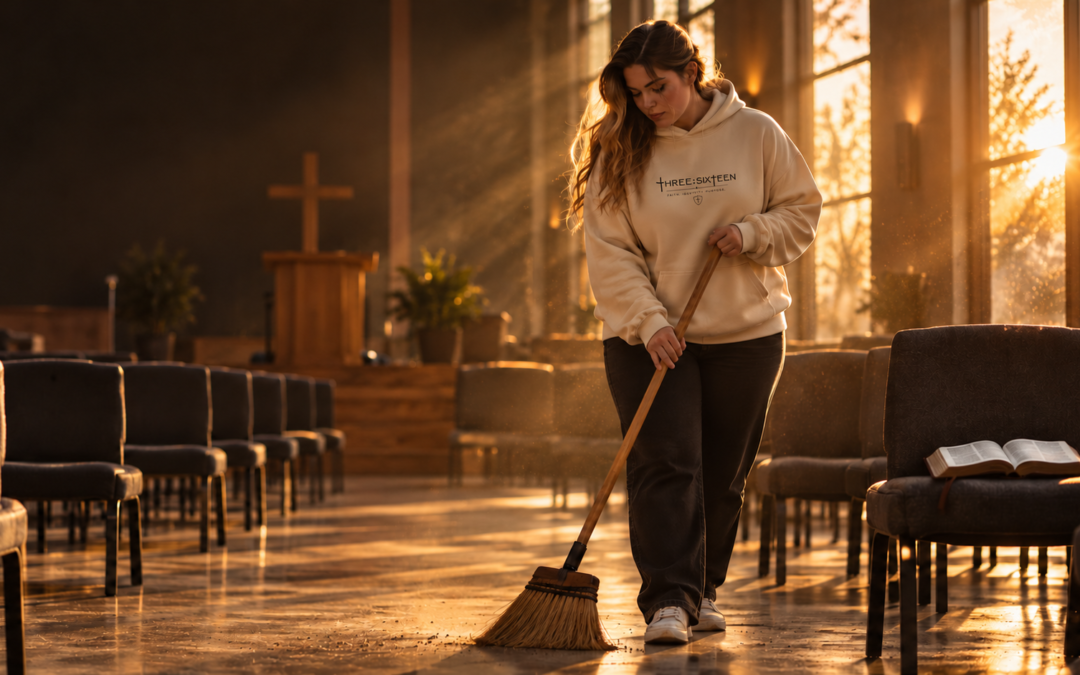 A person in an oversized cream hoodie quietly prepares an empty church sanctuary before sunrise, symbolizing faithful obedience in unseen and ordinary assignments.